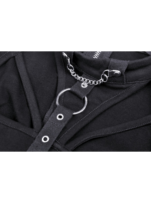 Punk Hollow Out The Sexy Bust Metal Buckle On Chest Drawstring High Neckline Top