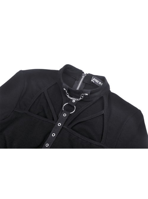 Punk Hollow Out The Sexy Bust Metal Buckle On Chest Drawstring High Neckline Top