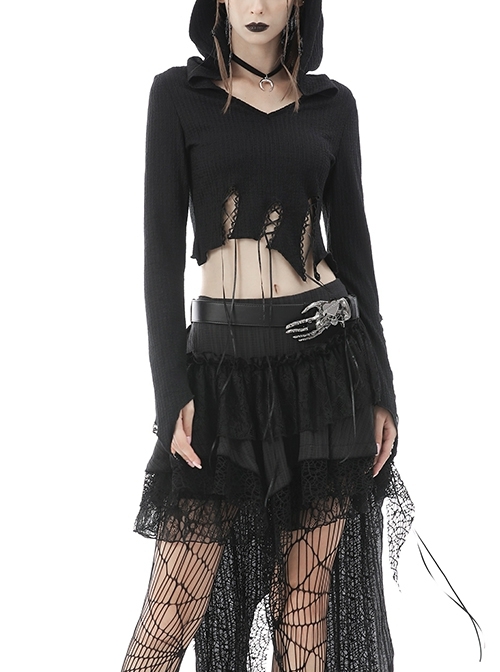 Punk Knitting Irregular Sexy Cross Rope Hoody Show Waist Top