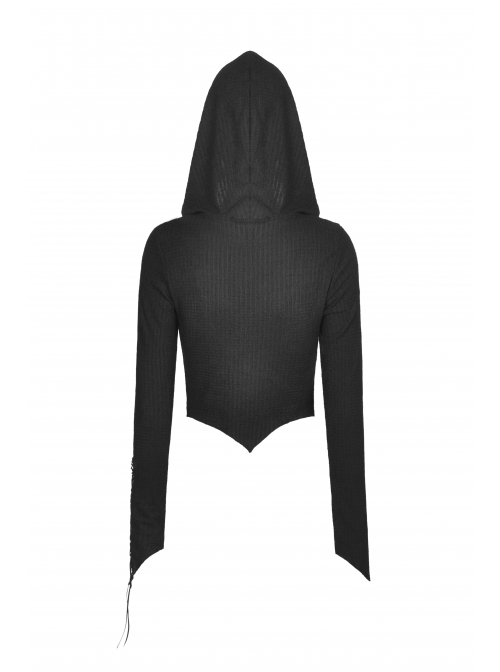 Punk Knitting Irregular Sexy Cross Rope Hoody Show Waist Top