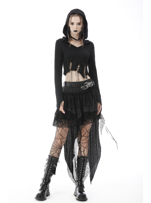 Punk Knitting Irregular Sexy Cross Rope Hoody Show Waist Top