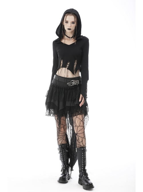 Punk Knitting Irregular Sexy Cross Rope Hoody Show Waist Top