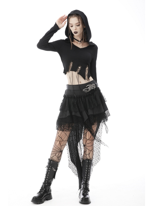 Punk Knitting Irregular Sexy Cross Rope Hoody Show Waist Top