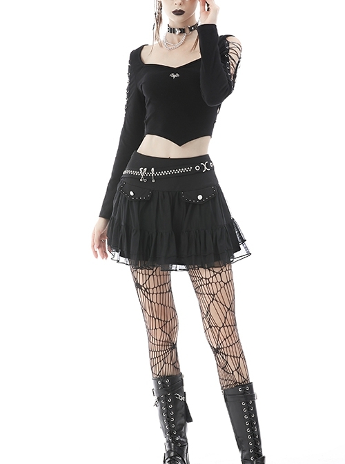 Black Punk Locomotive Off-The-Shoulder Cross Strap Design Metal Bat Decoration T-Shirt