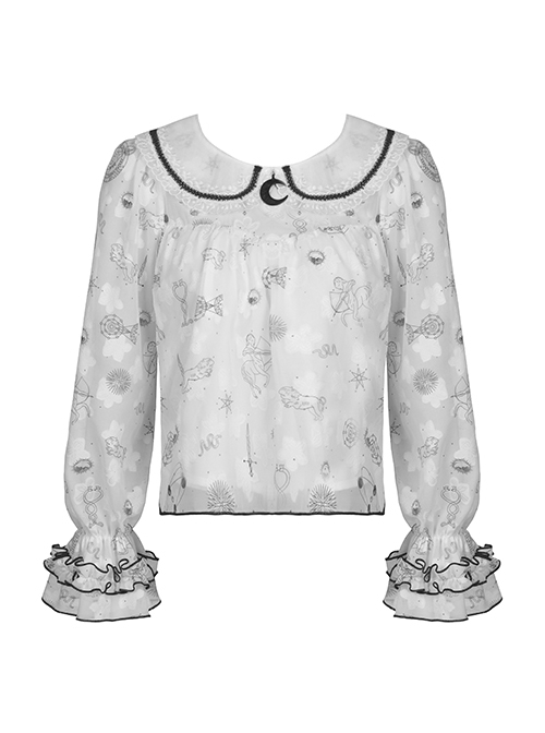 Punk Cute Pattern Print Decoration Lace Pleated Cuffs Daily White Blouse