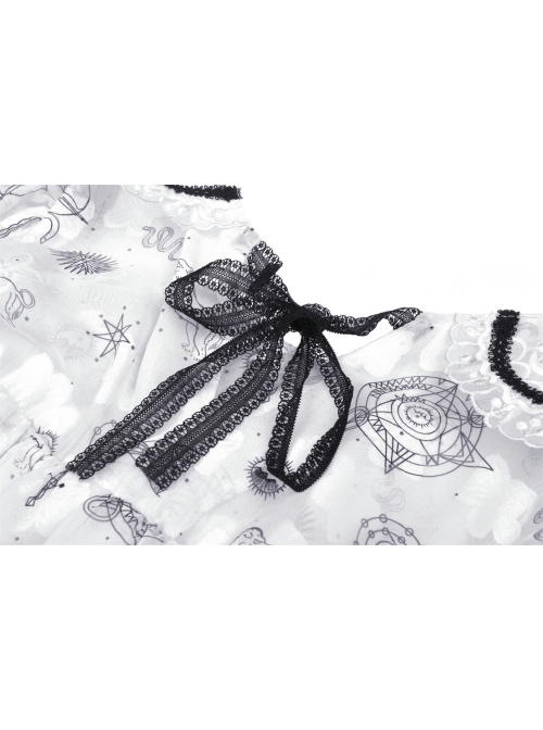Punk Cute Pattern Print Decoration Lace Pleated Cuffs Daily White Blouse