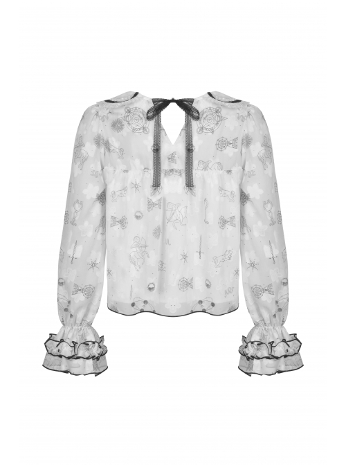 Punk Cute Pattern Print Decoration Lace Pleated Cuffs Daily White Blouse