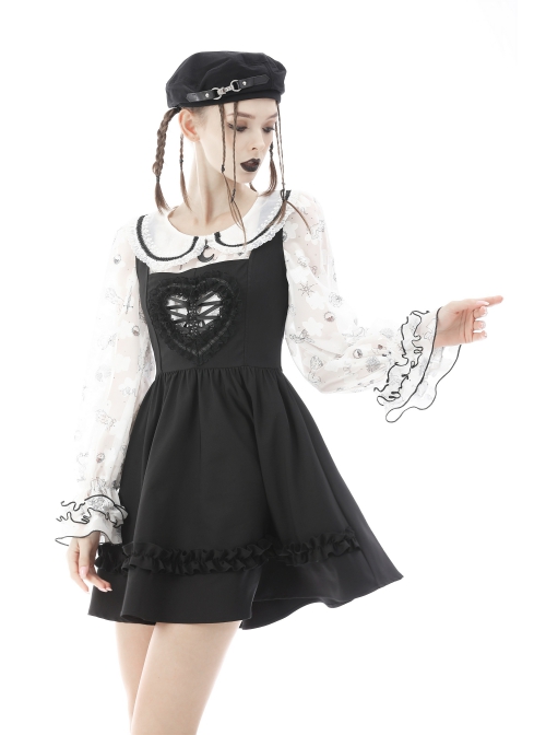 Punk Cute Pattern Print Decoration Lace Pleated Cuffs Daily White Blouse