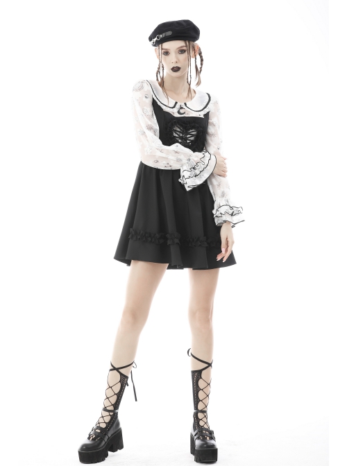 Punk Cute Pattern Print Decoration Lace Pleated Cuffs Daily White Blouse