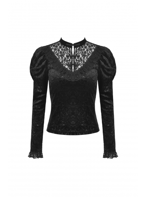 Gothic Retro Button Embroidery Pattern Print Embossing Lace Collar Blouse