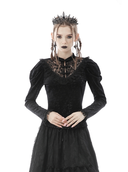 Gothic Retro Button Embroidery Pattern Print Embossing Lace Collar Blouse