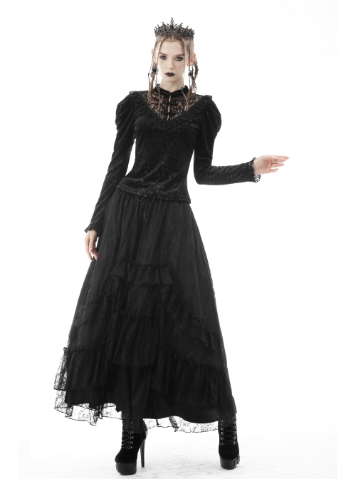 Gothic Retro Button Embroidery Pattern Print Embossing Lace Collar Blouse