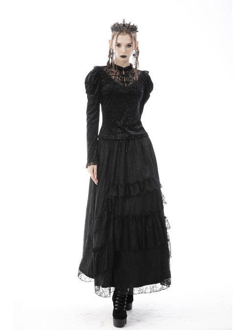 Gothic Retro Button Embroidery Pattern Print Embossing Lace Collar Blouse
