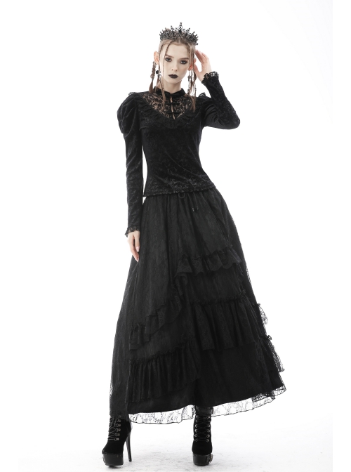 Gothic Retro Button Embroidery Pattern Print Embossing Lace Collar Blouse