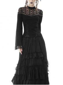 Gothic Sexy Lace Hollow Out Shoulder Drawstring At Waist Long Sleeves Top