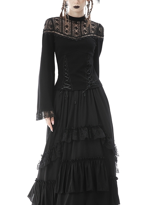 Gothic Sexy Lace Hollow Out Shoulder Drawstring At Waist Long Sleeves Top