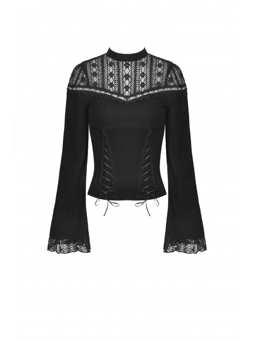 Gothic Sexy Lace Hollow Out Shoulder Drawstring At Waist Long Sleeves Top