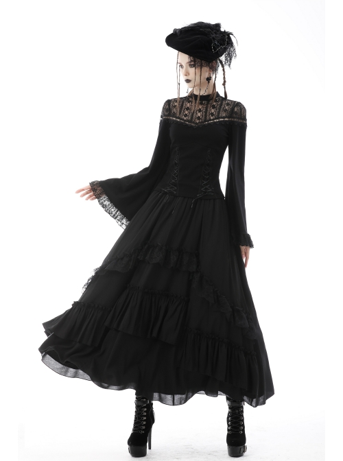 Gothic Sexy Lace Hollow Out Shoulder Drawstring At Waist Long Sleeves Top