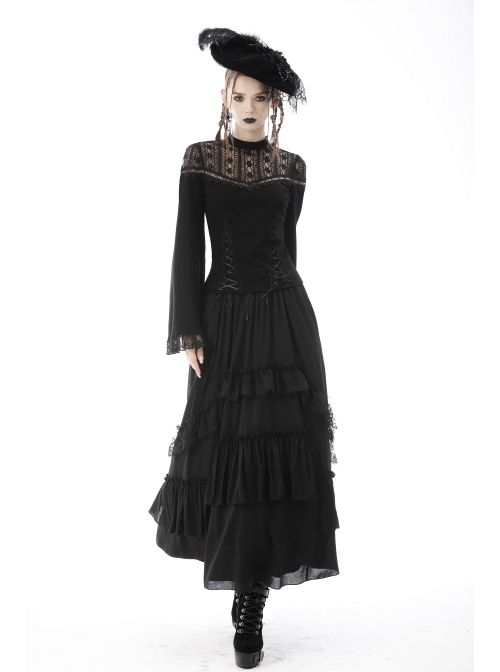 Gothic Sexy Lace Hollow Out Shoulder Drawstring At Waist Long Sleeves Top