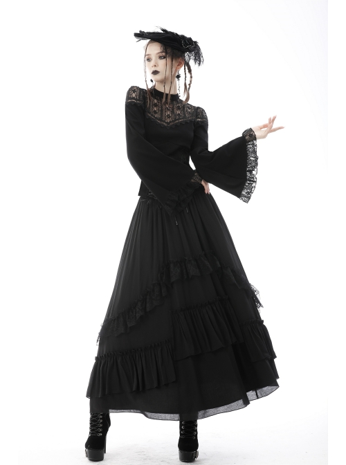 Gothic Sexy Lace Hollow Out Shoulder Drawstring At Waist Long Sleeves Top