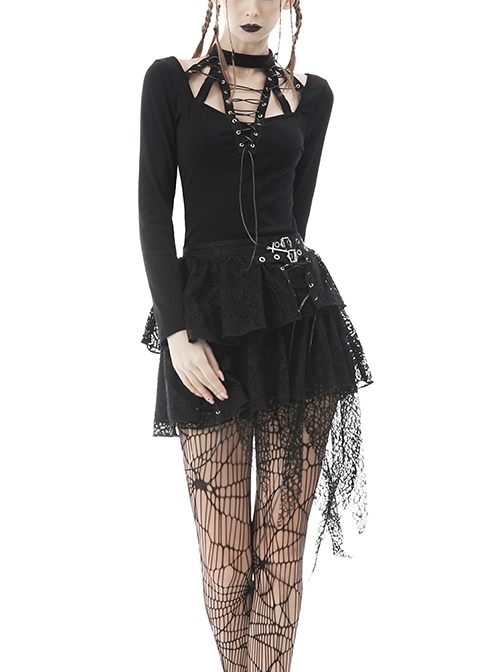 Punk Sexy Cross-Tie Rope Design Metal Grommet Straps Long Sleeve T-Shirt