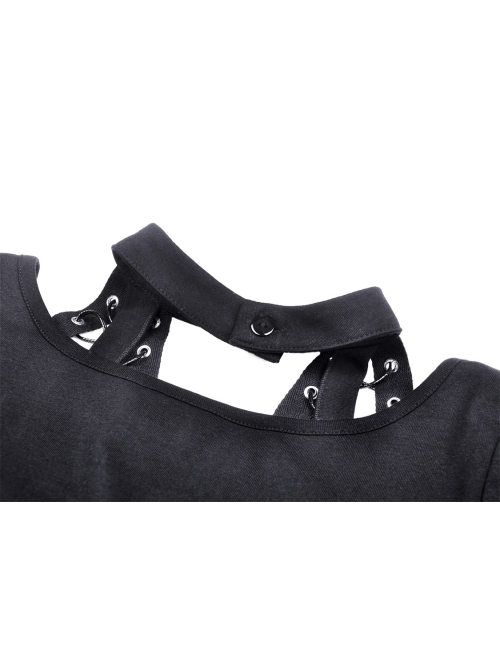 Punk Sexy Cross-Tie Rope Design Metal Grommet Straps Long Sleeve T-Shirt