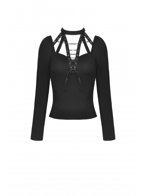 Punk Sexy Cross-Tie Rope Design Metal Grommet Straps Long Sleeve T-Shirt