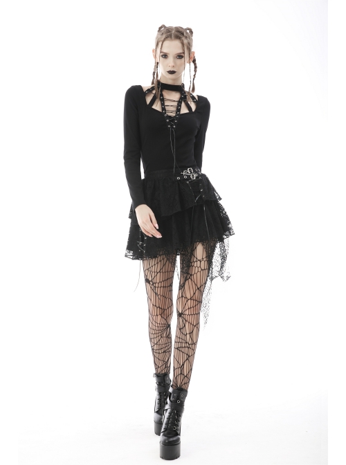 Punk Sexy Cross-Tie Rope Design Metal Grommet Straps Long Sleeve T-Shirt