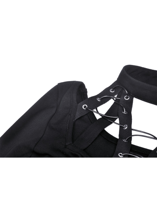 Punk Sexy Cross-Tie Rope Design Metal Grommet Straps Long Sleeve T-Shirt