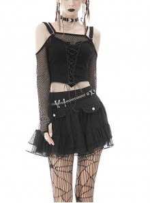 Punk Fake Two-Piece Sexy Tie Rope Design Net Knit Off The Shoulder T-Shirt