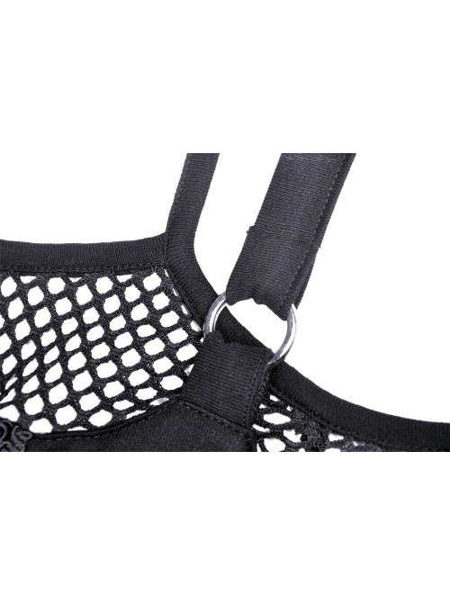 Punk Fake Two-Piece Sexy Tie Rope Design Net Knit Off The Shoulder T-Shirt