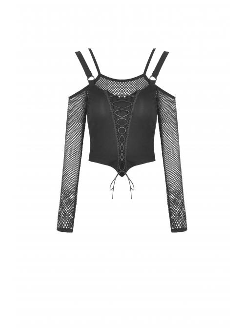 Punk Fake Two-Piece Sexy Tie Rope Design Net Knit Off The Shoulder T-Shirt
