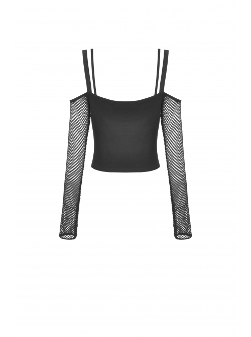 Punk Fake Two-Piece Sexy Tie Rope Design Net Knit Off The Shoulder T-Shirt