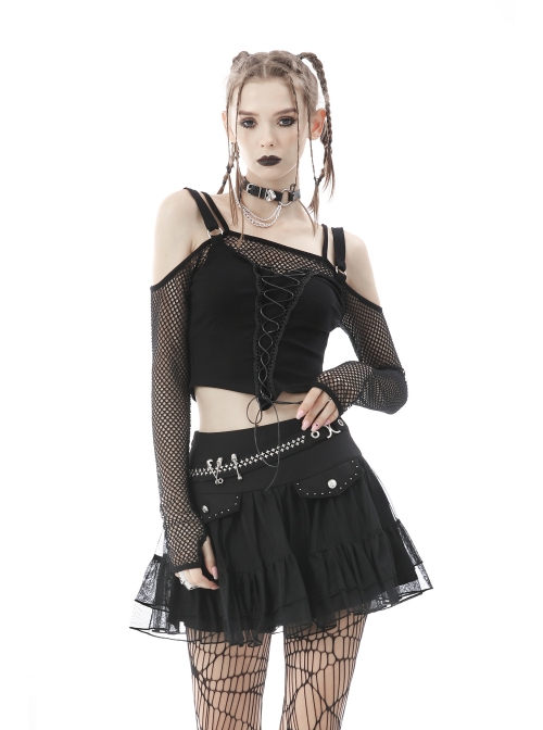 Punk Fake Two-Piece Sexy Tie Rope Design Net Knit Off The Shoulder T-Shirt