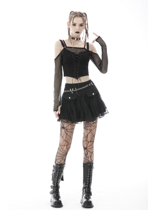 Punk Fake Two-Piece Sexy Tie Rope Design Net Knit Off The Shoulder T-Shirt