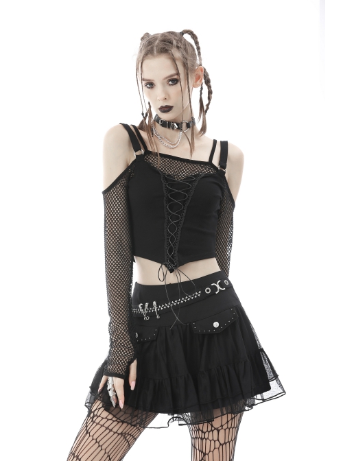 Punk Fake Two-Piece Sexy Tie Rope Design Net Knit Off The Shoulder T-Shirt