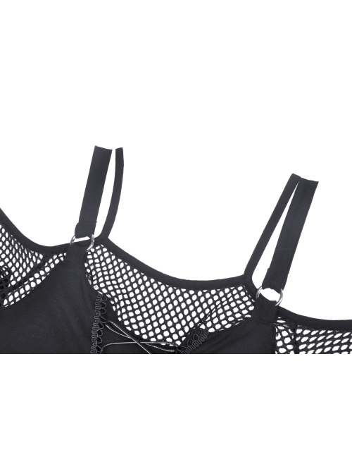 Punk Fake Two-Piece Sexy Tie Rope Design Net Knit Off The Shoulder T-Shirt