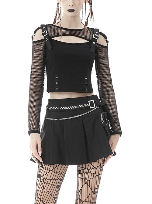Rebel Girl Sexy Net Off-The-Shoulder Leather Buckle  Metal Buttonhole Decoration Hollow Out T-Shirt