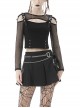 Rebel Girl Sexy Net Off-The-Shoulder Leather Buckle  Metal Buttonhole Decoration Hollow Out T-Shirt