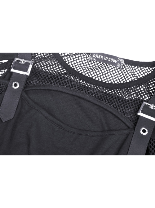 Rebel Girl Sexy Net Off-The-Shoulder Leather Buckle  Metal Buttonhole Decoration Hollow Out T-Shirt