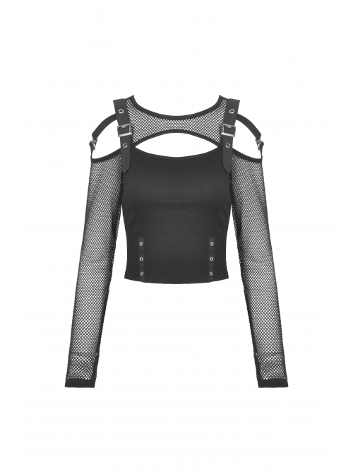 Rebel Girl Sexy Net Off-The-Shoulder Leather Buckle  Metal Buttonhole Decoration Hollow Out T-Shirt