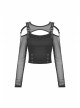 Rebel Girl Sexy Net Off-The-Shoulder Leather Buckle  Metal Buttonhole Decoration Hollow Out T-Shirt