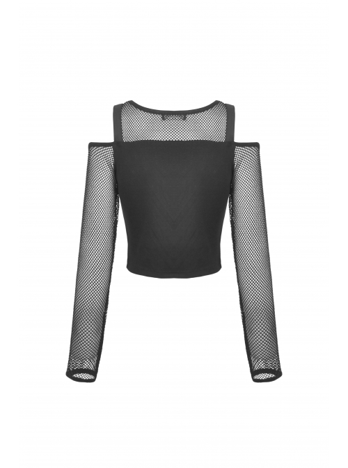 Rebel Girl Sexy Net Off-The-Shoulder Leather Buckle  Metal Buttonhole Decoration Hollow Out T-Shirt