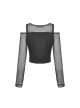 Rebel Girl Sexy Net Off-The-Shoulder Leather Buckle  Metal Buttonhole Decoration Hollow Out T-Shirt