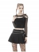 Rebel Girl Sexy Net Off-The-Shoulder Leather Buckle  Metal Buttonhole Decoration Hollow Out T-Shirt