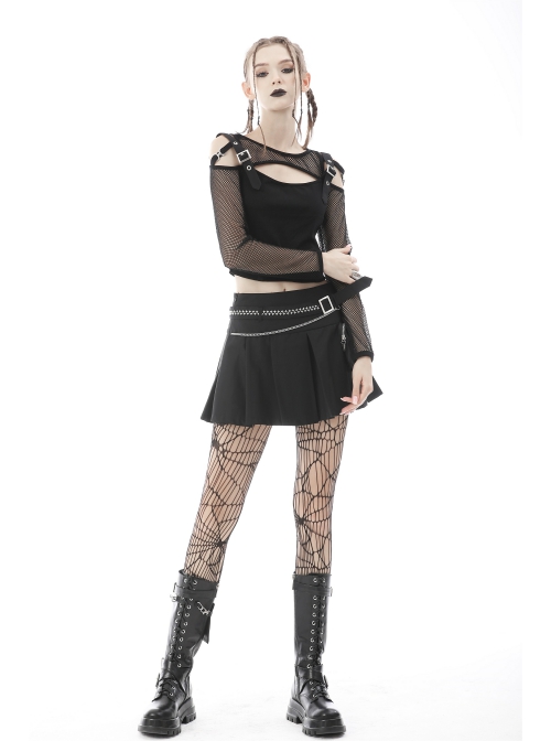 Rebel Girl Sexy Net Off-The-Shoulder Leather Buckle  Metal Buttonhole Decoration Hollow Out T-Shirt