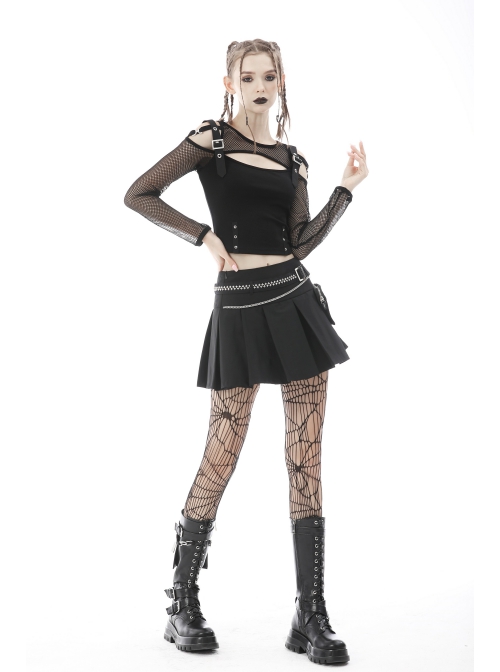 Rebel Girl Sexy Net Off-The-Shoulder Leather Buckle  Metal Buttonhole Decoration Hollow Out T-Shirt