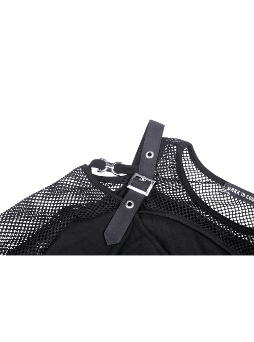 Rebel Girl Sexy Net Off-The-Shoulder Leather Buckle  Metal Buttonhole Decoration Hollow Out T-Shirt