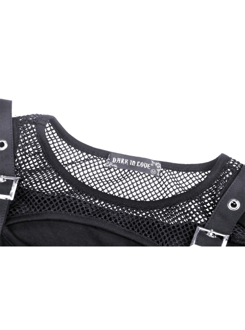 Rebel Girl Sexy Net Off-The-Shoulder Leather Buckle  Metal Buttonhole Decoration Hollow Out T-Shirt