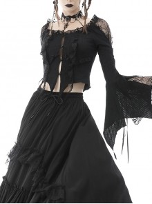 Gothic Frilly Off-The-Shoulder Design With Lace Trim Tasseled Cuff Button Decoration Blouse